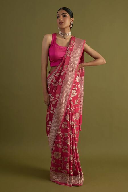 Buy Neitri Pink Georgette Zari Dhani Gul Jaal Handwoven Saree Online at Aza Fashions Buy_Neitri_Pink Georgette Zari Dhani Gul Jaal Handwoven Saree _Online_at_Aza_Fashions