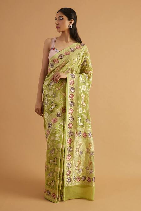 Neitri_Green Georgette Embroidery Gavi Handwoven Shikargah Work Saree_Online_at_Aza_Fashions