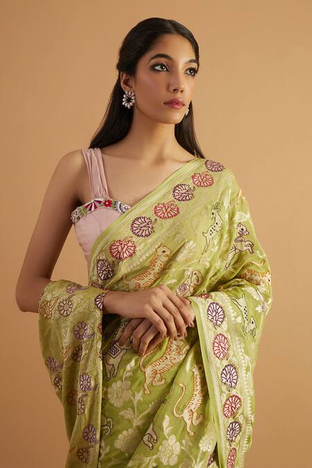 Buy_Neitri_Green Georgette Embroidery Gavi Handwoven Shikargah Work Saree_Online_at_Aza_Fashions
