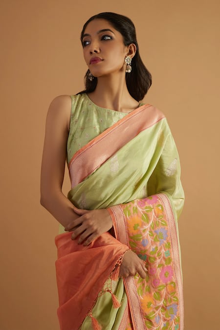 Neitri_Green Silk Kalpi Gardenia Border Woven Saree _Online_at_Aza_Fashions