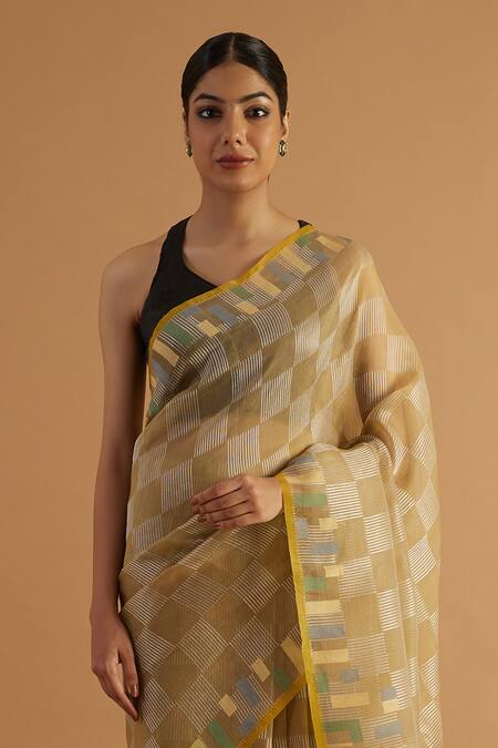Neitri_Beige Organza Yamuna Checkered Mania Woven Saree _Online_at_Aza_Fashions