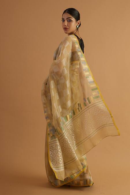 Buy_Neitri_Beige Organza Yamuna Checkered Mania Woven Saree _Online_at_Aza_Fashions