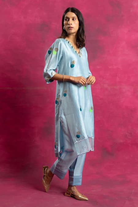 Neitri_Blue Chiffon Embroidery V-neck Straight Polka Dot Design Kurta And Pant Set _Online_at_Aza_Fashions