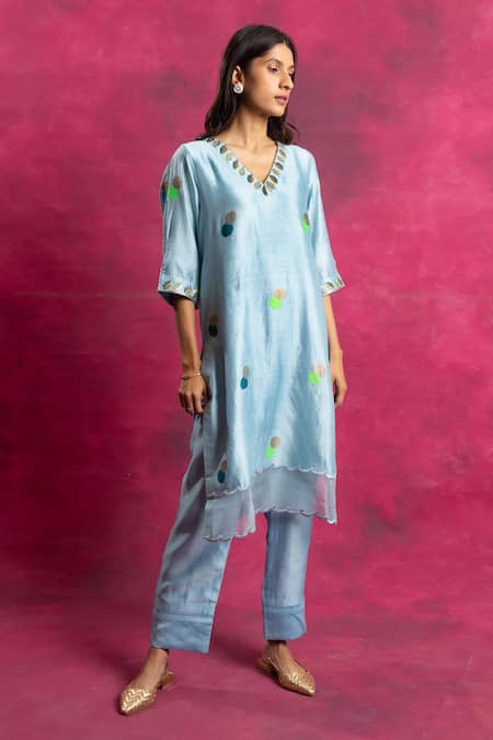 Buy_Neitri_Blue Chiffon Embroidery V-neck Straight Polka Dot Design Kurta And Pant Set _Online_at_Aza_Fashions