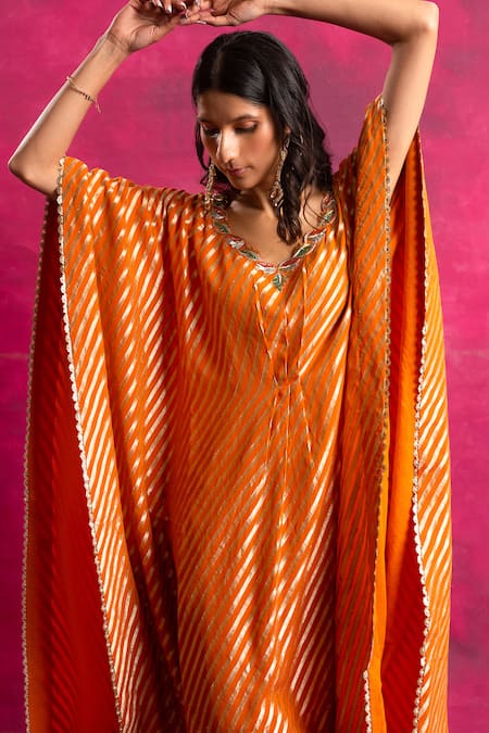 Shop_Neitri_Orange Georgette, Silk Embroidery Round Neck Leheriya Pattern Kaftan And Pant Set _Online_at_Aza_Fashions