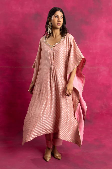 Buy_Neitri_Pink Georgette, Silk Sequins Round Neck Leheriya Pattern Kaftan And Pant Set _Online_at_Aza_Fashions