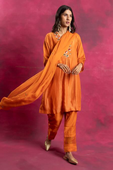 Neitri Orange Silk Embroidery V-neck Kurta And Pant Set Online at Aza Fashions Neitri_Orange Silk Embroidery V-neck Kurta And Pant Set _Online_at_Aza_Fashions