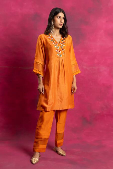 Neitri Orange Silk Embroidery V-neck Kurta And Pant Set at Aza Fashions Neitri_Orange Silk Embroidery V-neck Kurta And Pant Set _at_Aza_Fashions