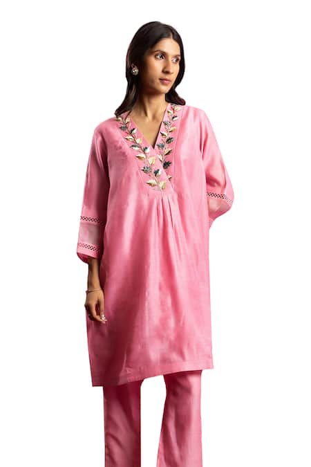 Neitri Pink Silk Embroidery V-neck Roopsaar Neckline Kurta And Pant Set Online at Aza Fashions Neitri_Pink Silk Embroidery V-neck Roopsaar Neckline Kurta And Pant Set _Online_at_Aza_Fashions