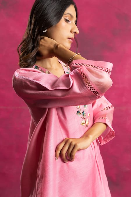 Neitri Pink Silk Embroidery V-neck Roopsaar Neckline Kurta And Pant Set at Aza Fashions Neitri_Pink Silk Embroidery V-neck Roopsaar Neckline Kurta And Pant Set _at_Aza_Fashions