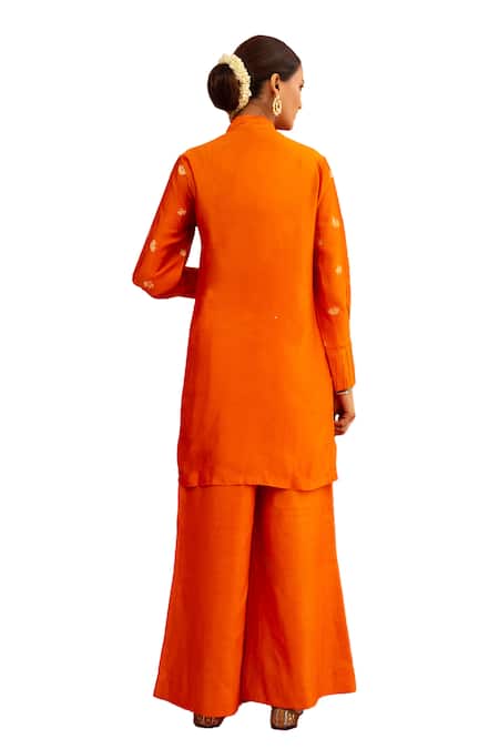 Neitri_Orange Chiffon Embroidery Mandarin Surmya Lotus Motif Woven Kurta And Pant Set _Online_at_Aza_Fashions