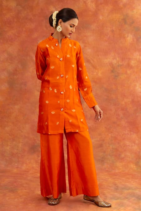 Neitri_Orange Chiffon Embroidery Mandarin Surmya Lotus Motif Woven Kurta And Pant Set _at_Aza_Fashions