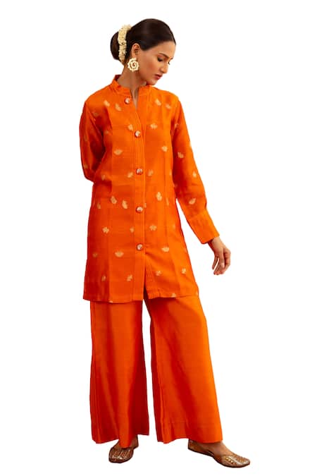 Shop_Neitri_Orange Chiffon Embroidery Mandarin Surmya Lotus Motif Woven Kurta And Pant Set 