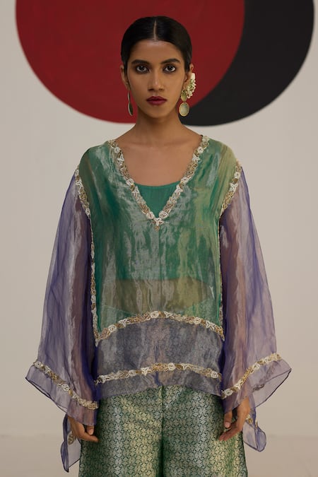 Neitri_Green Tissue, Brocade Embroidery V-neck Mugdha Panel Kurta Pant Set _Online_at_Aza_Fashions