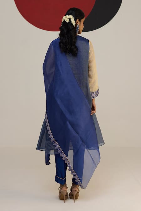 Shop_Neitri_Beige Tissue, Brocade Embroidery V-neck Rajasi Yoke Kurta Pant Set _at_Aza_Fashions