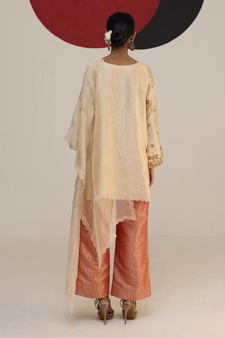 Shop_Neitri_Beige Brocade, Chiffon Embroidery Round Neck Samhita Kurta Pant Set _at_Aza_Fashions