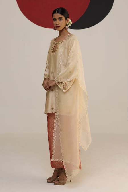 Neitri_Beige Brocade, Chiffon Embroidery Round Neck Samhita Kurta Pant Set _Online_at_Aza_Fashions