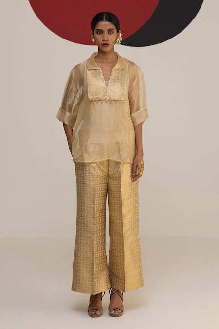 Neitri Beige Tissue Embroidered Tassels Collared Samaira Kurta Pant Set 