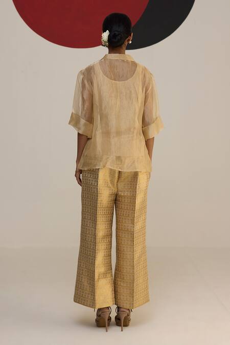 Shop_Neitri_Beige Tissue, Brocade Tassels Collared Samaira Kurta Pant Set _at_Aza_Fashions