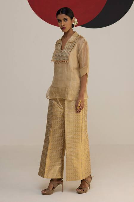 Neitri_Beige Tissue, Brocade Tassels Collared Samaira Kurta Pant Set _Online_at_Aza_Fashions