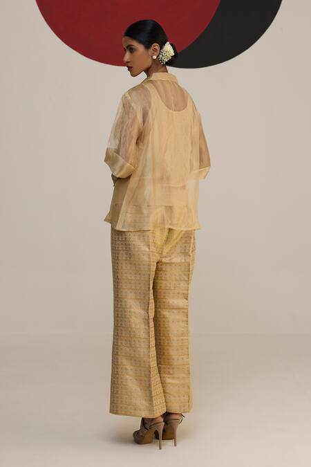 Buy_Neitri_Beige Tissue, Brocade Tassels Collared Samaira Kurta Pant Set _Online_at_Aza_Fashions