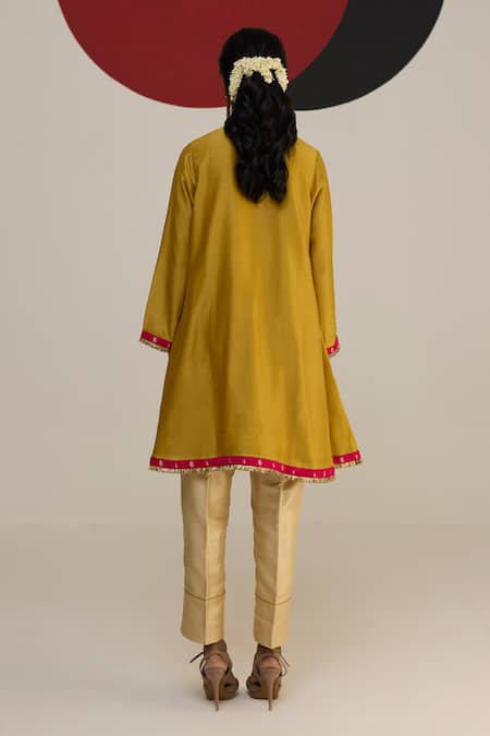 Shop Neitri Yellow Chanderi, Brocade Fringe Split V-neck Saanjh Yoke Kurta And Pant Set at Aza Fashions Shop_Neitri_Yellow Chanderi, Brocade Fringe Split V-neck Saanjh Yoke Kurta And Pant Set _at_Aza_Fashions