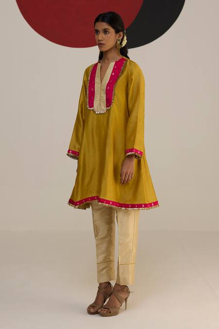 Neitri Yellow Chanderi, Brocade Fringe Split V-neck Saanjh Yoke Kurta And Pant Set Online at Aza Fashions Neitri_Yellow Chanderi, Brocade Fringe Split V-neck Saanjh Yoke Kurta And Pant Set _Online_at_Aza_Fashions