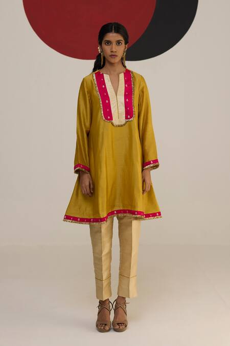 Buy Neitri Yellow Chanderi, Brocade Fringe Split V-neck Saanjh Yoke Kurta And Pant Set Online at Aza Fashions Buy_Neitri_Yellow Chanderi, Brocade Fringe Split V-neck Saanjh Yoke Kurta And Pant Set _Online_at_Aza_Fashions
