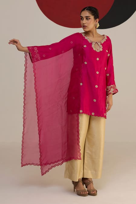 Shop Neitri Beige Brocade, Chiffon Embroidery Keyhole Swarnika Floral Short Kurta Pant Set at Aza Fashions Shop_Neitri_Beige Brocade, Chiffon Embroidery Keyhole Swarnika Floral Short Kurta Pant Set _at_Aza_Fashions