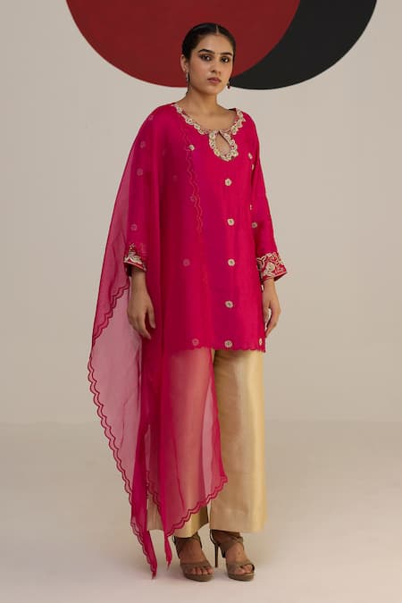 Neitri Beige Brocade, Chiffon Embroidery Keyhole Swarnika Floral Short Kurta Pant Set Online at Aza Fashions Neitri_Beige Brocade, Chiffon Embroidery Keyhole Swarnika Floral Short Kurta Pant Set _Online_at_Aza_Fashions