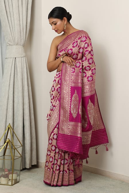 Shop Neitri Pink Silk Zari Rattna Floral Jaali Woven Banarasi Saree at Aza Fashions Shop_Neitri_Pink Silk Zari Rattna Floral Jaali Woven Banarasi Saree _at_Aza_Fashions