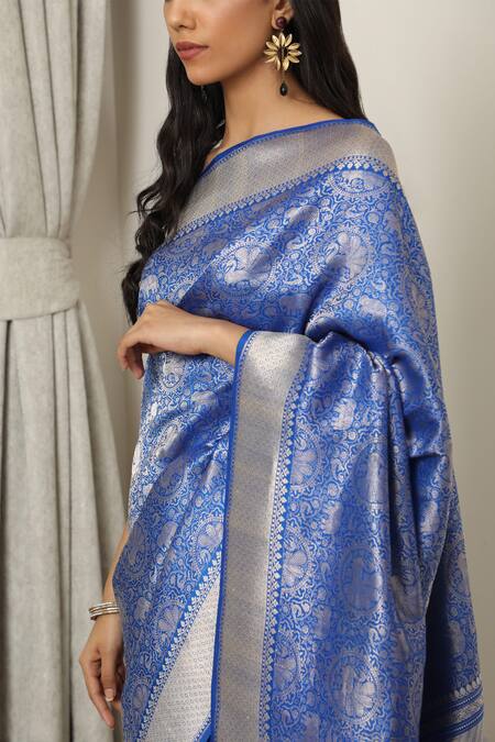 Neitri Blue Brocade Zari Maheshwar Peacock Woven Banarasi Saree Online at Aza Fashions Neitri_Blue Brocade Zari Maheshwar Peacock Woven Banarasi Saree_Online_at_Aza_Fashions