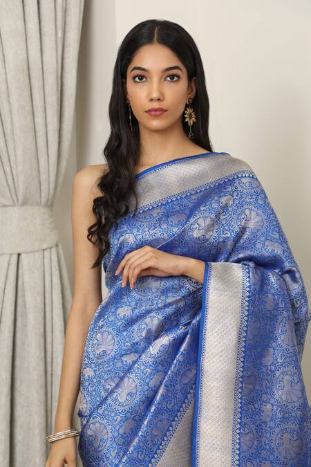 Buy Neitri Blue Brocade Zari Maheshwar Peacock Woven Banarasi Saree Online at Aza Fashions Buy_Neitri_Blue Brocade Zari Maheshwar Peacock Woven Banarasi Saree_Online_at_Aza_Fashions