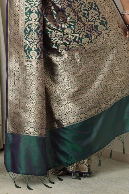 Neitri_Green Brocade, Silk Zari Jahaan Floral Jaal Woven Banarasi Saree_Online_at_Aza_Fashions