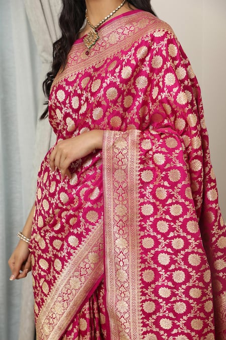 Neitri_Pink Brocade Zari Mallika Floral Vine Woven Banarasi Saree _Online_at_Aza_Fashions