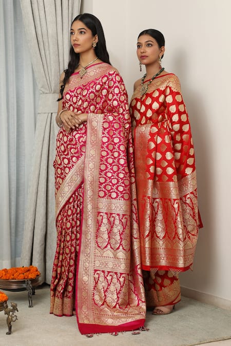 Buy_Neitri_Pink Brocade Zari Mallika Floral Vine Woven Banarasi Saree _Online_at_Aza_Fashions