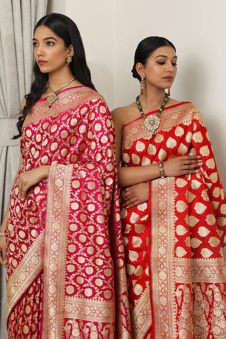 Shop_Neitri_Pink Brocade Zari Mallika Floral Vine Woven Banarasi Saree _Online_at_Aza_Fashions