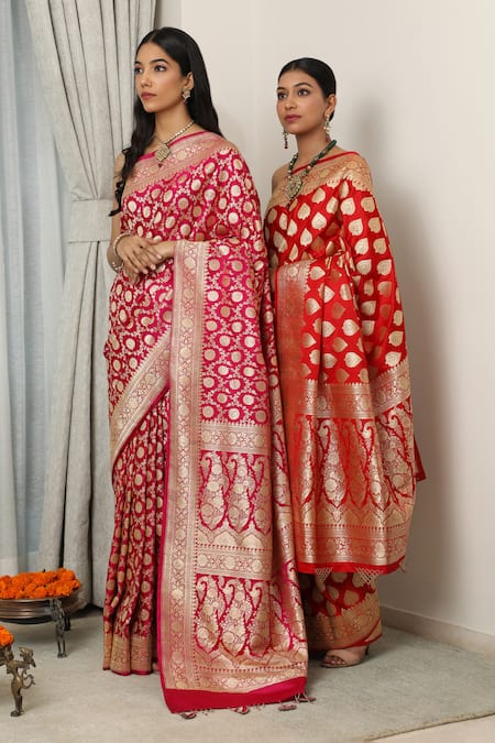 Buy_Neitri_Red Brocade Zari Jodha Butti Woven Banarasi Saree _Online_at_Aza_Fashions