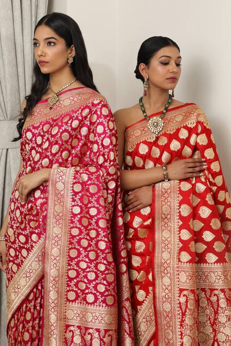 Shop_Neitri_Red Brocade Zari Jodha Butti Woven Banarasi Saree _Online_at_Aza_Fashions