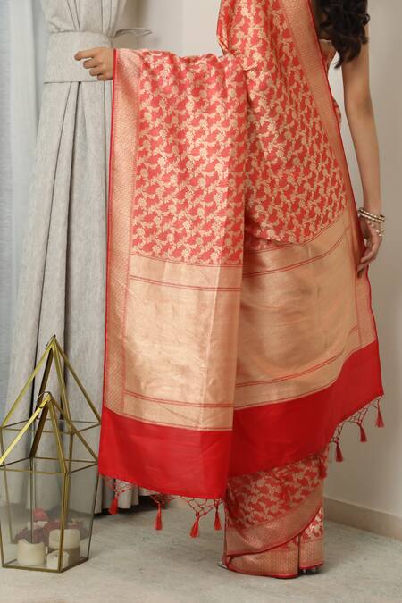 Neitri_Red Silk Zari Dishani Jaal Woven Banarasi Saree _Online_at_Aza_Fashions