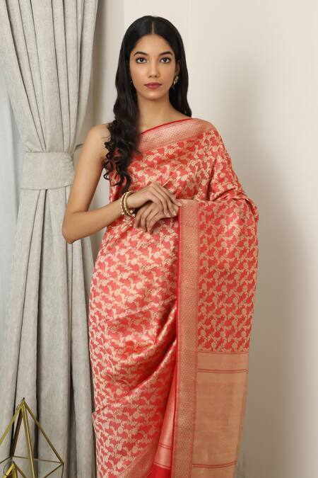 Buy_Neitri_Red Silk Zari Dishani Jaal Woven Banarasi Saree _Online_at_Aza_Fashions