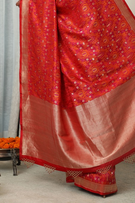Shop_Neitri_Red Brocade Zari Sheeba Woven Meenakari Floral Vine Banarasi Saree_Online_at_Aza_Fashions