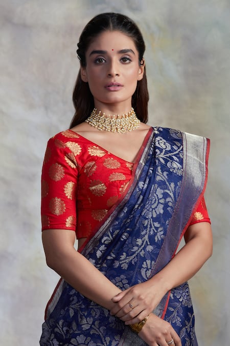 Neitri Blue Brocade, Silk Zari Anisha Woven Floral Vine Jamdani Banarasi Saree Online at Aza Fashions Neitri_Blue Brocade, Silk Zari Anisha Woven Floral Vine Jamdani Banarasi Saree _Online_at_Aza_Fashions