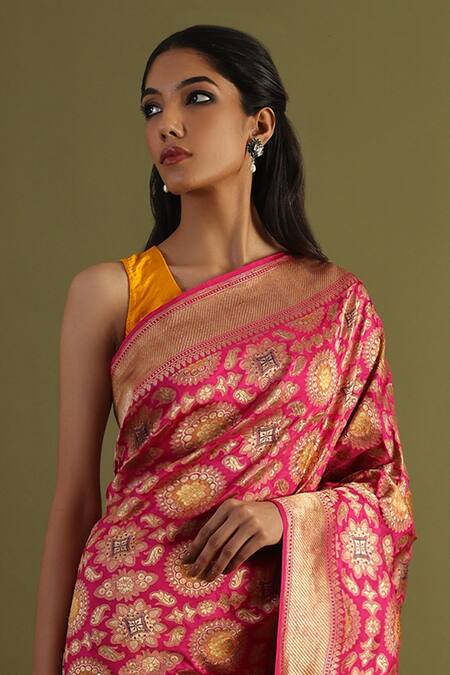 Neitri_Pink Brocade Zari Saanvi Floral Geometric Woven Banarasi Saree _Online_at_Aza_Fashions