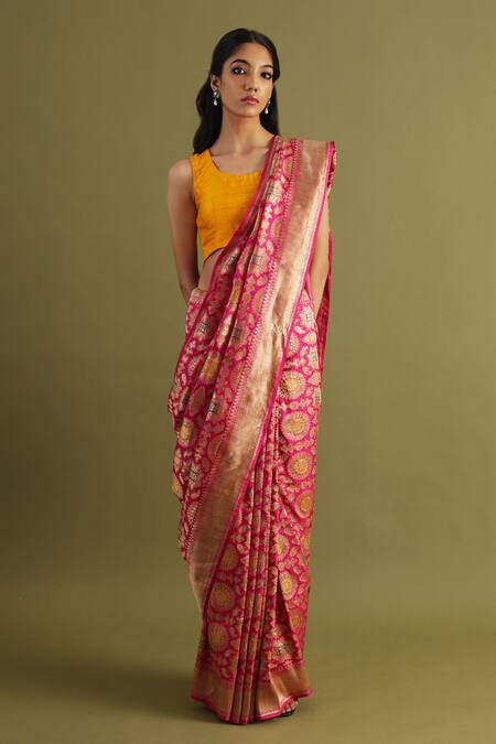 Buy_Neitri_Pink Brocade Zari Saanvi Floral Geometric Woven Banarasi Saree _Online_at_Aza_Fashions