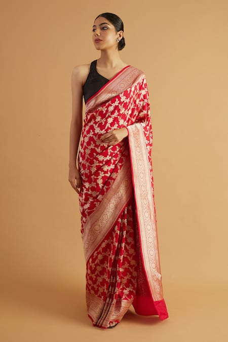 Neitri_Red Brocade Zari Reva Floral Blossom Woven Banarasi Saree _Online_at_Aza_Fashions