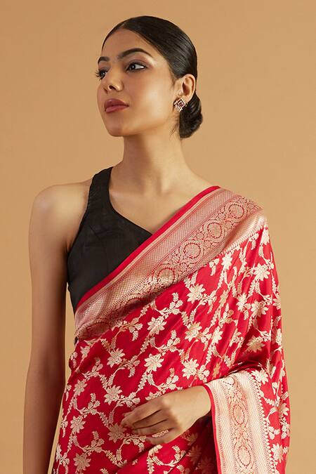 Buy_Neitri_Red Brocade Zari Reva Floral Blossom Woven Banarasi Saree _Online_at_Aza_Fashions