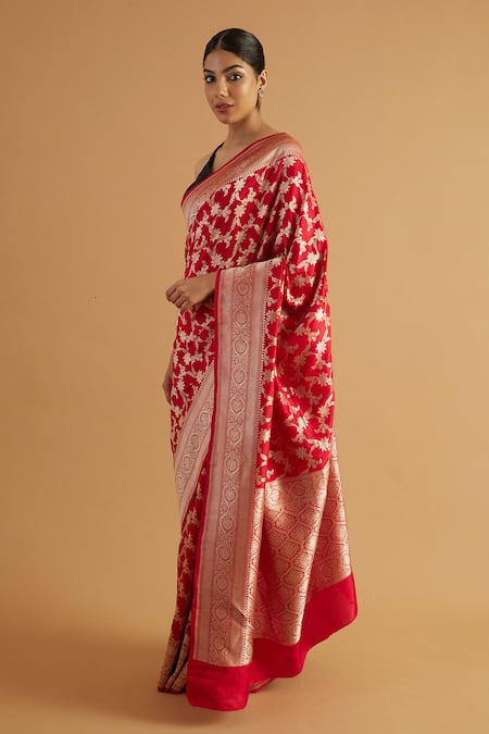 Shop_Neitri_Red Brocade Zari Reva Floral Blossom Woven Banarasi Saree _Online_at_Aza_Fashions