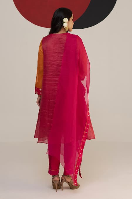 Shop_Neitri_Pink Tissue, Brocade Embroidery V-neck Rajeshwari Kurta Pant Set _at_Aza_Fashions