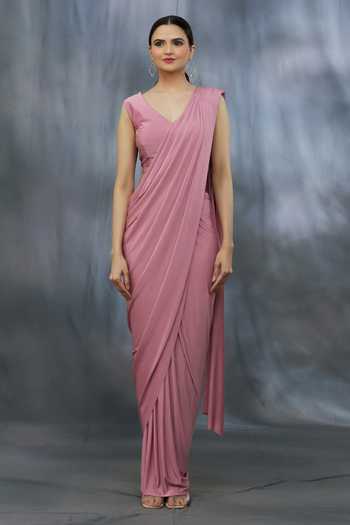Khwaab By Sanjana Lakhani_Pink Saree And Blouse Lycra & Jacket Soft Solid Pre-draped With _Online_at_Aza_Fashions